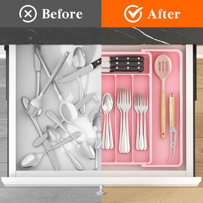 Lifewit Silverware Drawer Organizer, Expandable Utensil Tray for Kitchen, BPA Free Flatware and Cutlery Holder, Adjustable Plastic Storage for Spoons Forks Knives, 11-18 x 14", Black