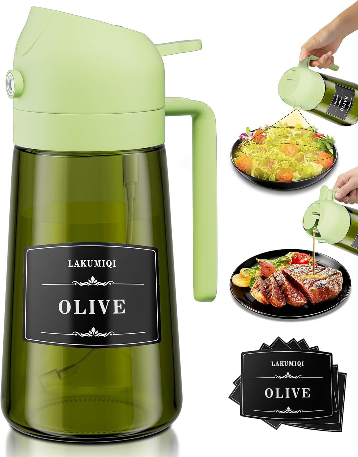 LAKUMIQI 2-in-1 Olive Oil Sprayer for Air Fryer – 16oz Glass Oil Dispenser & Cooking Oil Mister – Spray & Pour Bottle, Non-Aerosol, Leak-Resistant, for Salad, BBQ, Kitchen