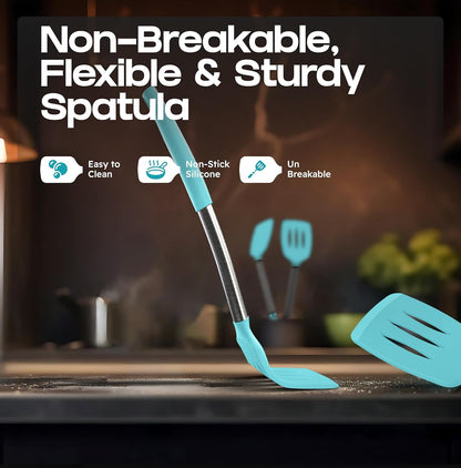 BakeRoyal Silicone Spatula Set - Turner Spatulas Silicone Heat Resistant 600°F - Slotted & Solid Spatula for Cooking Fish, Eggs, Pancakes Flipper – Spatulas for kitchen use – Royal Blue