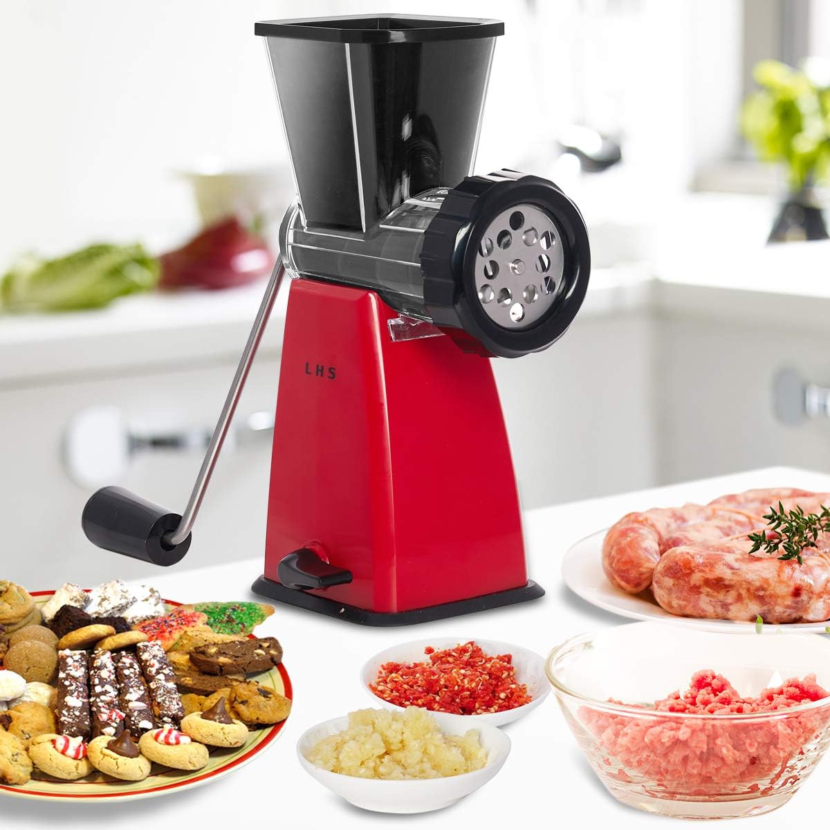 LHS Manual Meat Grinder with Stainless Steel Blades Heavy Duty Powerful Suction Base for Home Use Fast and Effortless for All Meats-White
