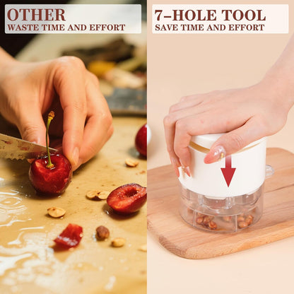 Cherry Pitter, 7-Hole Long Plunger Push Button Cherry Core Remover Tool with Splatter Protector, Quickly Pitting Cherries for Making Jam, Pies (White)