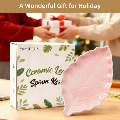 Ceramic Leaf Shape Spoon Rest for cooking, Cute Green Cooking Spoon Holder for Stove Top,Large Porcelain Spatula Rest for Kitchen Counter, Farmhouse Kitchen Decor (green)
