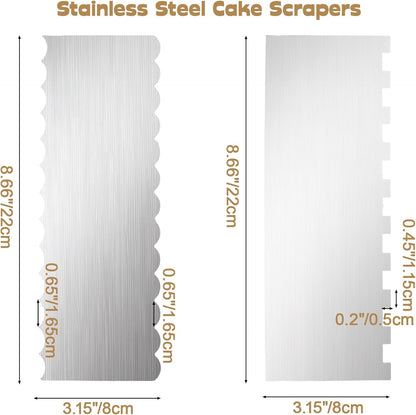 Luomorgo 2 Pack Stainless Steel Cake Scraper - 8.6 Inch Double Patterned Sides for Butter Cream, Mousse & Fondant Smoothing Decorating Comb, Edge Smoother & Frosting Tool