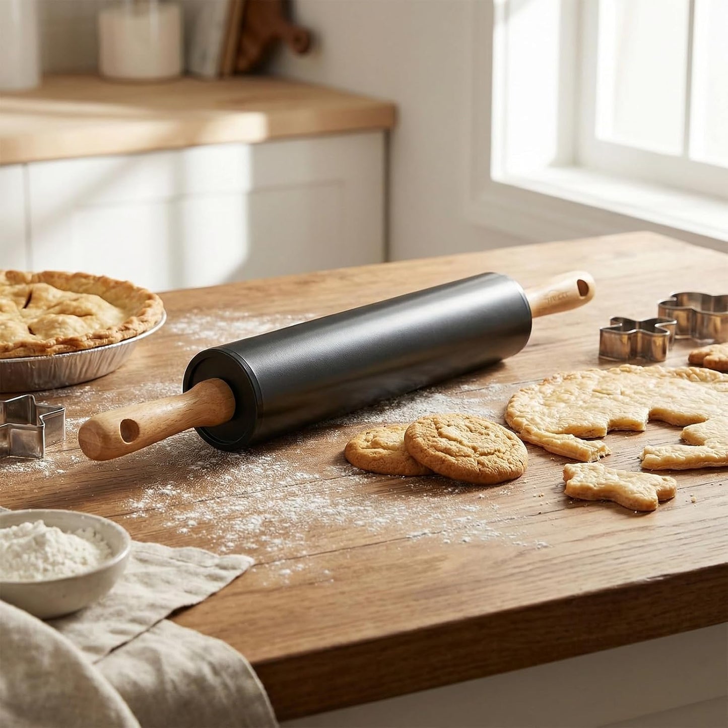 Stainless steel rolling pin by Tansucc, with wooden comfortable handle, non stick rolling pin for baking pastries, bread, and pizza.
