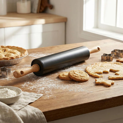 Stainless steel rolling pin by Tansucc, with wooden comfortable handle, non stick rolling pin for baking pastries, bread, and pizza.