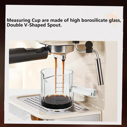 Glass Espresso Cup 6 OZ, Double Shots Measuring Cup with Glass Handle for Dishwasher Safe, Double V-Shaped Spout Milk Frothing Pitcher, Espresso Accessories for Machine, Demitasse Cups (Clear)