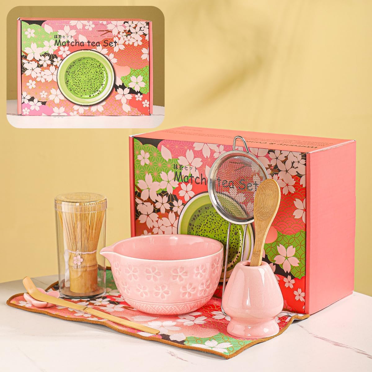 8-Piece Matcha Ceremony Set - Tea Kit with Cherry Blossom Bowl, Bamboo Whisk, Wood Scoops, Tea Cloth & Floral Display - Gift-Ready Pink Cherry color box (blue)