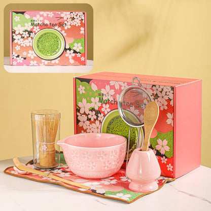 8-Piece Matcha Ceremony Set - Tea Kit with Cherry Blossom Bowl, Bamboo Whisk, Wood Scoops, Tea Cloth & Floral Display - Gift-Ready Pink Cherry color box (blue)