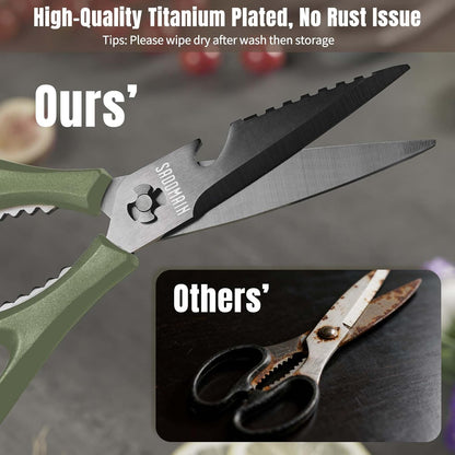 Kitchen Scissors All Purpose, Extra Sharp Kitchen Shears with Knife Sharpener & Sheath, Solid & Durable Stainless Steel Scissors with ANTI-RUST Black Titanium Plated, Dishwasher Safe - Green