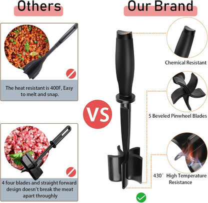 Meat Chopper, 5 Curve Blades Ground Beef Masher, Heat Resistant Meat Masher Tool for Hamburger Meat, Ground Beef, Turkey and More, Nylon Hamburger Chopper Utensil Non-scratch Utensils