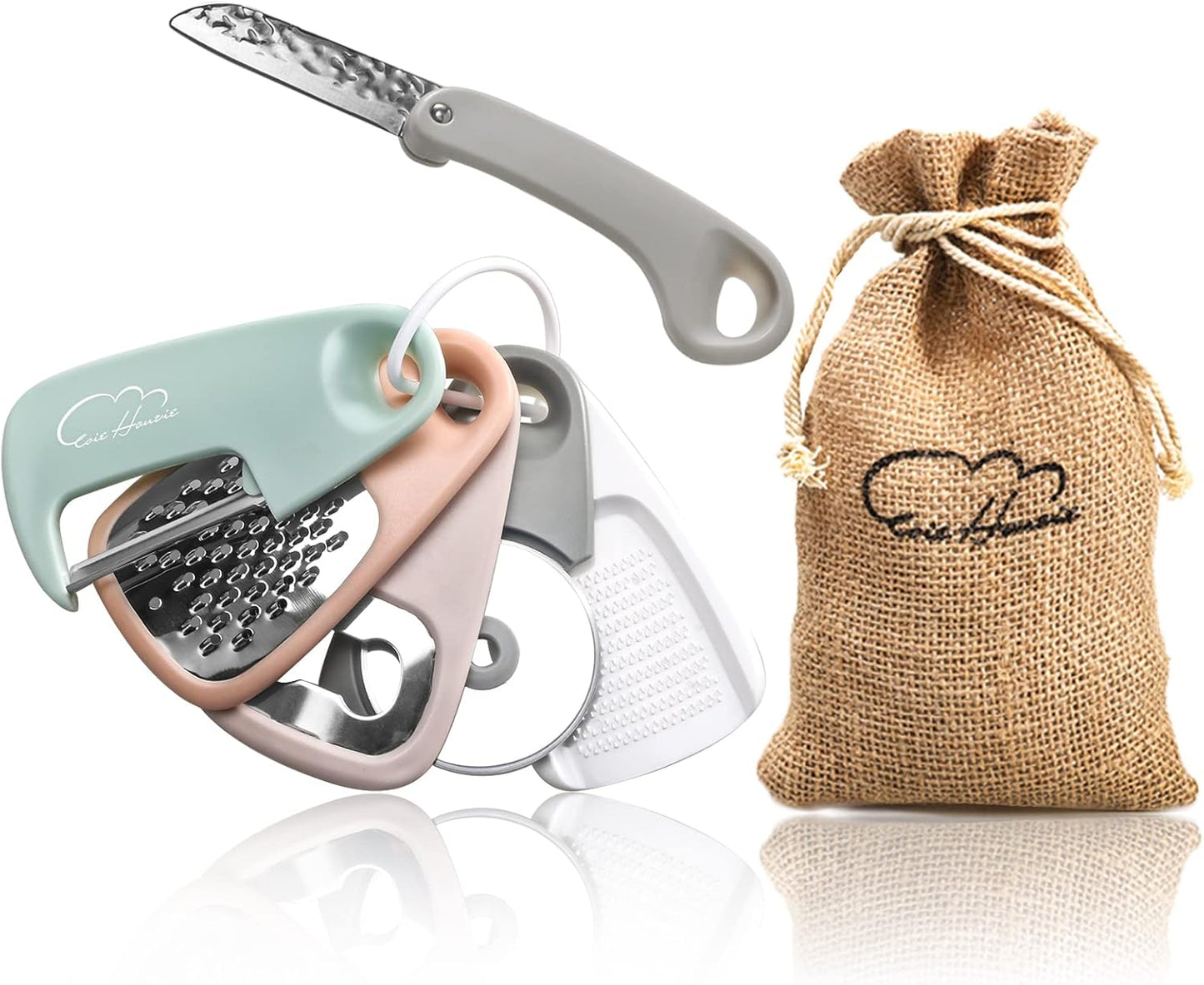 Kitchen Gadgets Set 5 Pieces, Space Saving Cooking Tools Kitchen Accessories - Fruit/Vegetable Peeler, Cheese/Chocolate Grater, Bottle Opener, Pizza Cutter, Garlic/Ginger Grinder Gift Set (Black)
