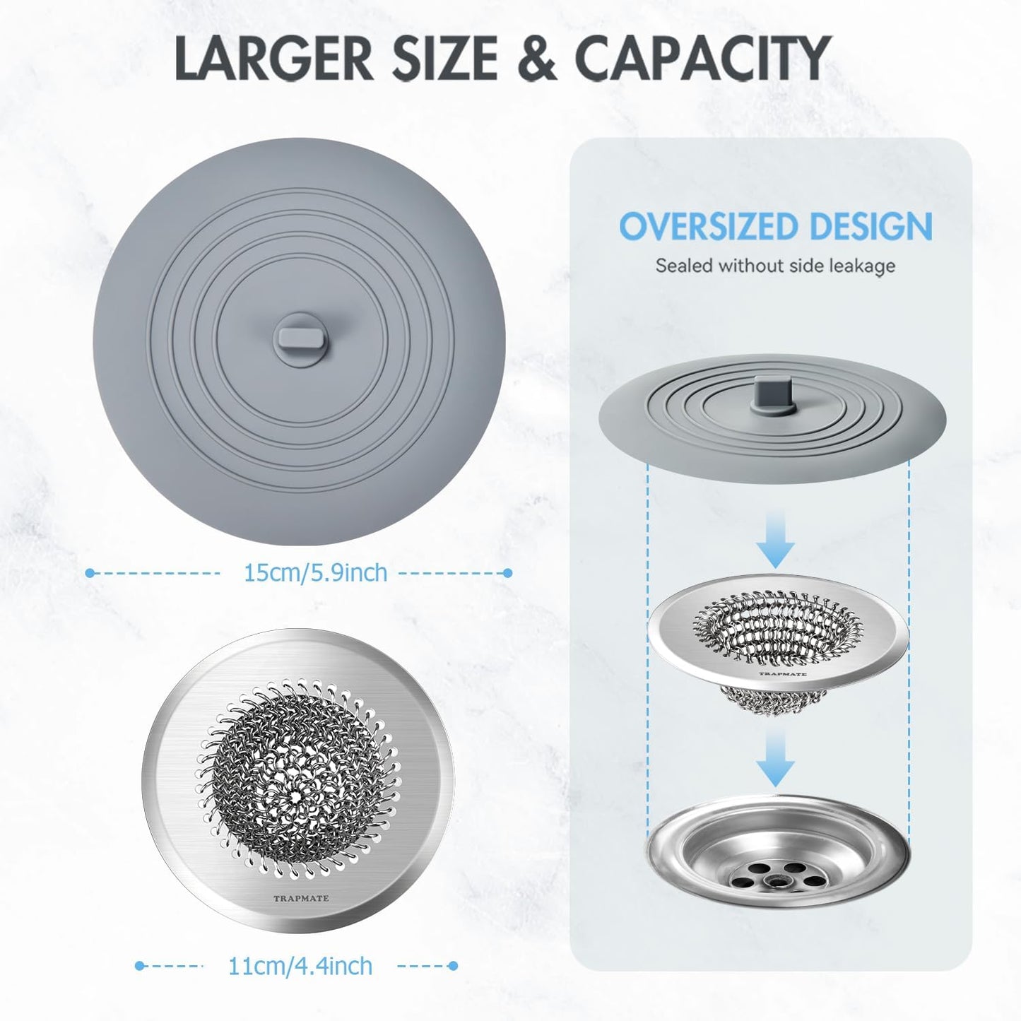 TRAPMATE Kitchen Sink Drain Strainer, Reversible Chain Mesh Sink Strainer, 304 Stainless Steel Anti-Clogging & Easy Clean Sink Strainer Basket, Fits US Standard Kitchen Sink Drains, Dishwasher Safe