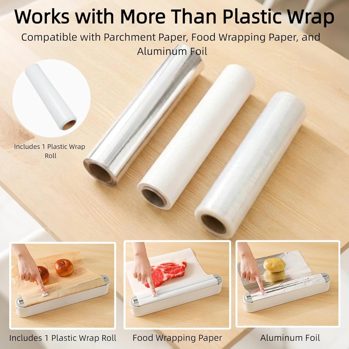 Plastic Wrap Dispenser with Cutter, Includes 100ft of Plastic Wrap, Magnetic Foil and Wrap Organizer for Kitchen, Fits 12" Rolls Up to 1.45" Diameter for Plastic Wrap and Aluminum Foil