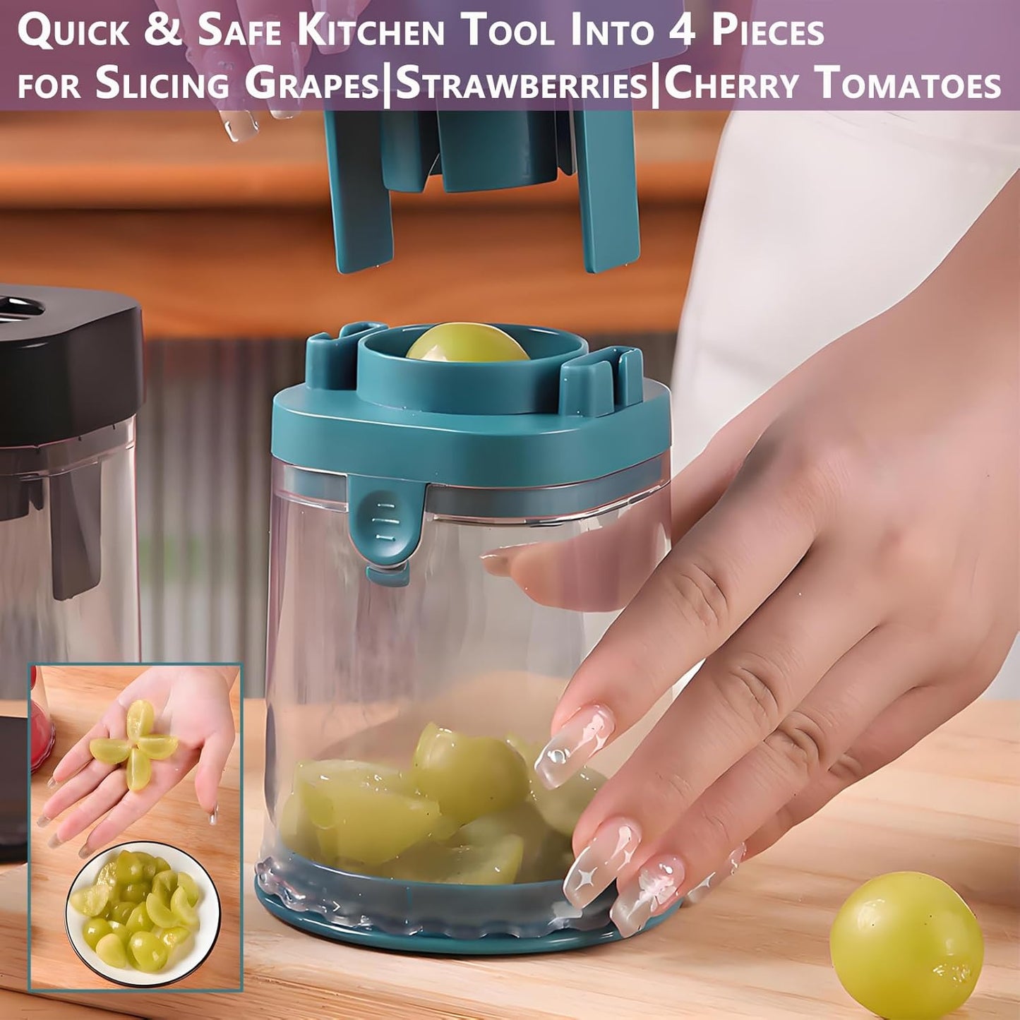 New Grape Cutter for Toddlers, Cutter Quarter Slicer Tool Into 4 Pieces for Slicing Grapes, Strawberries, Cherry, Tomatoes (Blue)