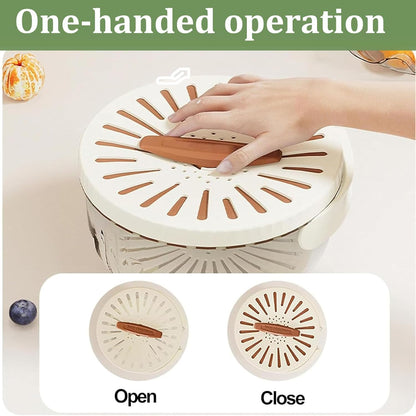 2 in 1 Fruit Vegetable Washing Bowl with Strainer, 1 QT Multipurpose Drain Basket with Lid & Foldable Handle, Fruit Strainer Container for Kitchen, Fridge, Picnics, Apartment, BPA-Free Material