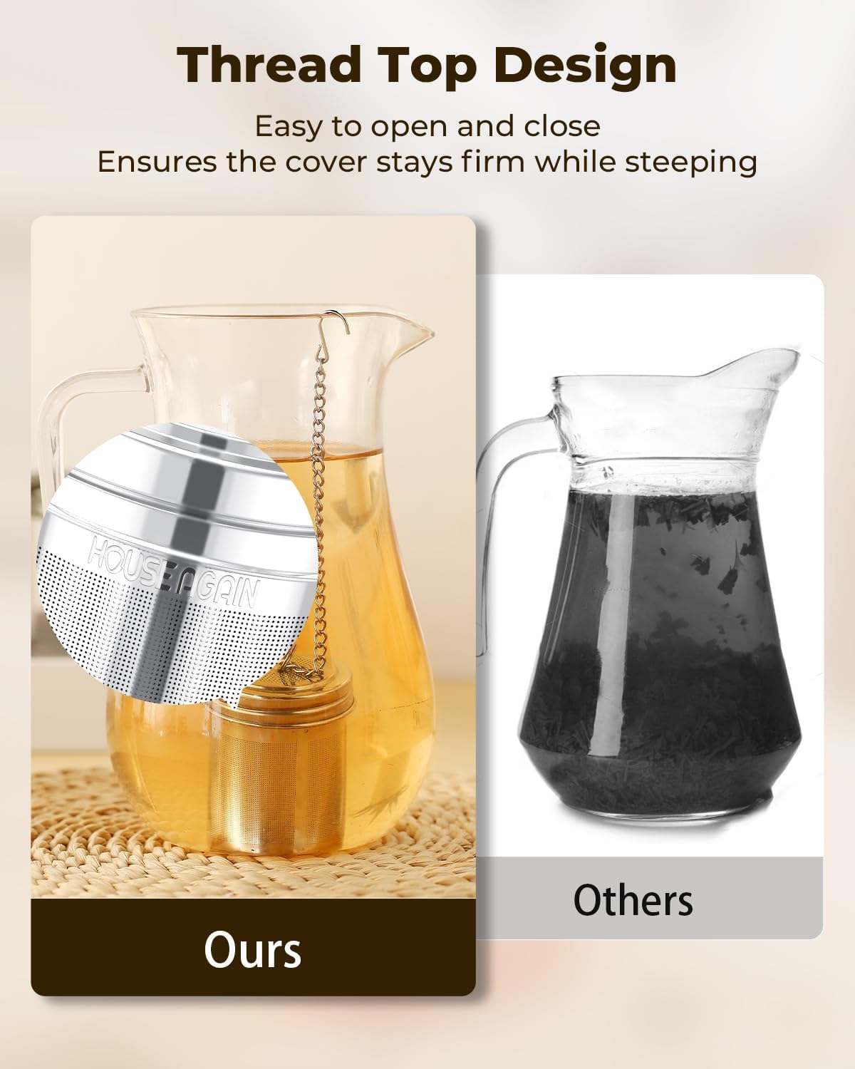 House Again Large Tea Infuser, Extra Fine Mesh Tea Strainers for Loose Tea, 18/8 Stainless Steel Tea Strainer with Extended Chain Hook, Tea Steeper for Brew Tea, Spices & Seasonings, for Multi Cups