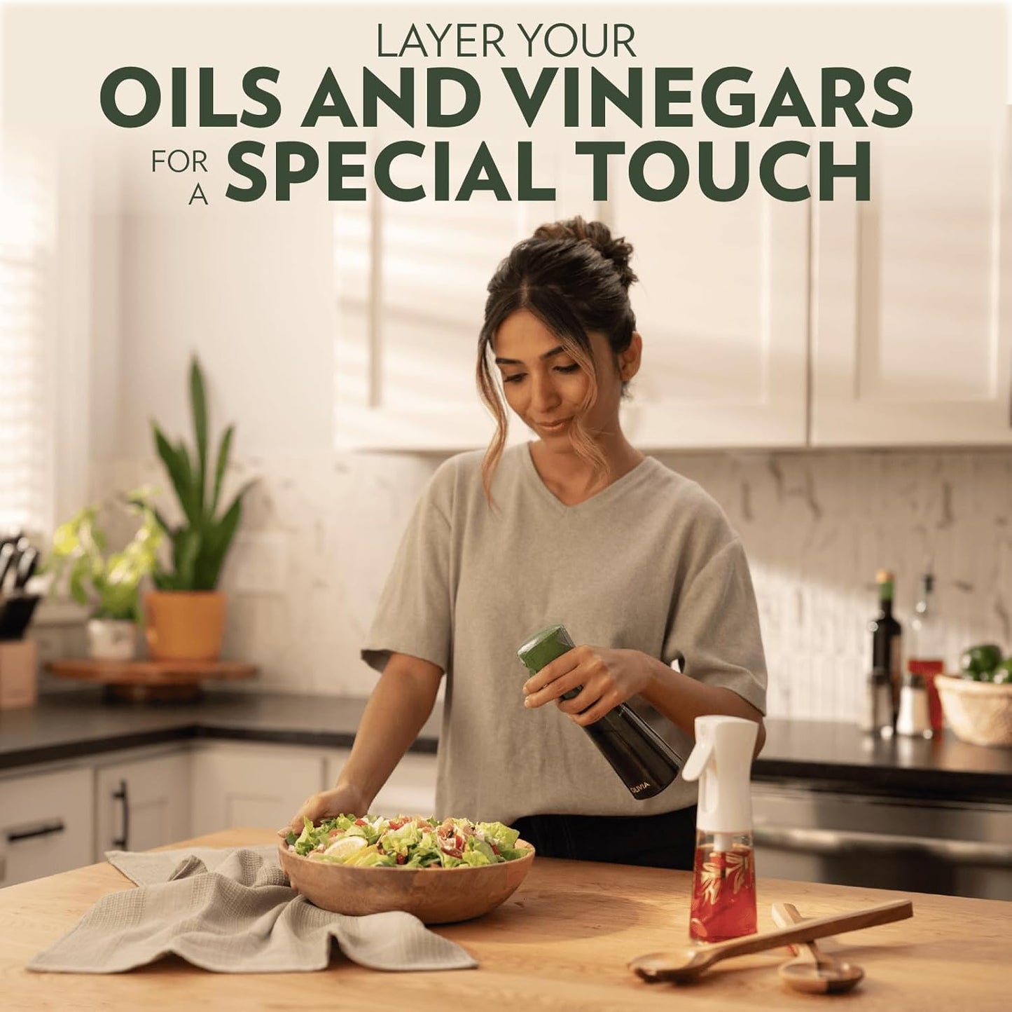OLIVIA SIGNATURE Advanced Kitchen Oil Sprayer with Flairosol Technology, Fine Mist & Portion Control, Refillable Glass Olive Oil Cooking Spray Bottle for Air Fryer, Salad, BBQ, 2 Pack 200ml (Green)
