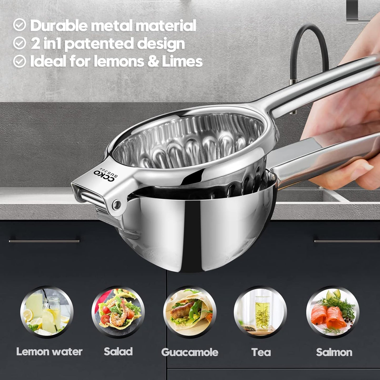 CCKO Lemon Squeezer Stainless Steel Manual Juicers Max Extraction Lemon Lime Squeezer Heavy Duty Citrus Juicer Hand Press Fruit Juicer