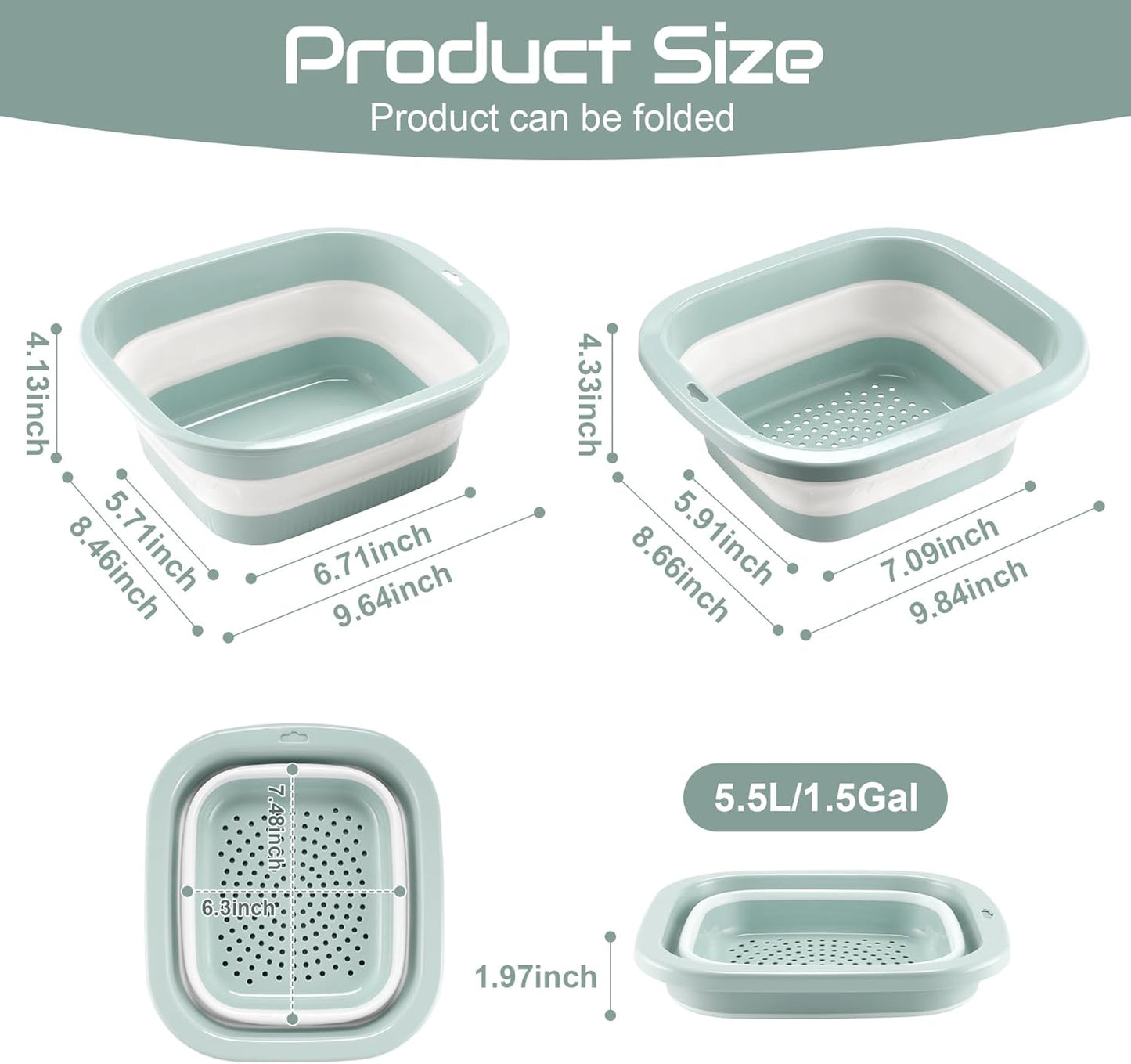 SINGARO 1.5 Gal (5.5L) Collapsible Dish Basin with Drain Basket Colanders, Multiuse Double-Layer Foldable Strainers Sink Tub, Collapsible Wash Basin Pan, Plastic Tubs, Dishpan, Kitchen Sink, Green