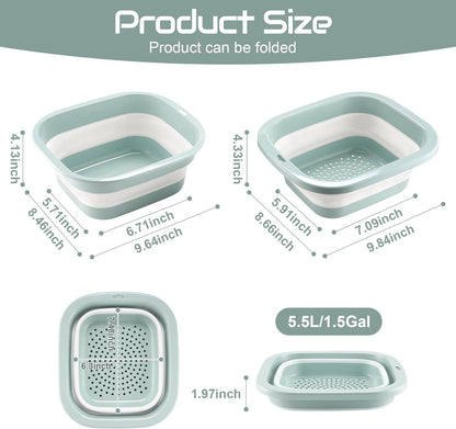 SINGARO 1.5 Gal (5.5L) Collapsible Dish Basin with Drain Basket Colanders, Multiuse Double-Layer Foldable Strainers Sink Tub, Collapsible Wash Basin Pan, Plastic Tubs, Dishpan, Kitchen Sink, Green