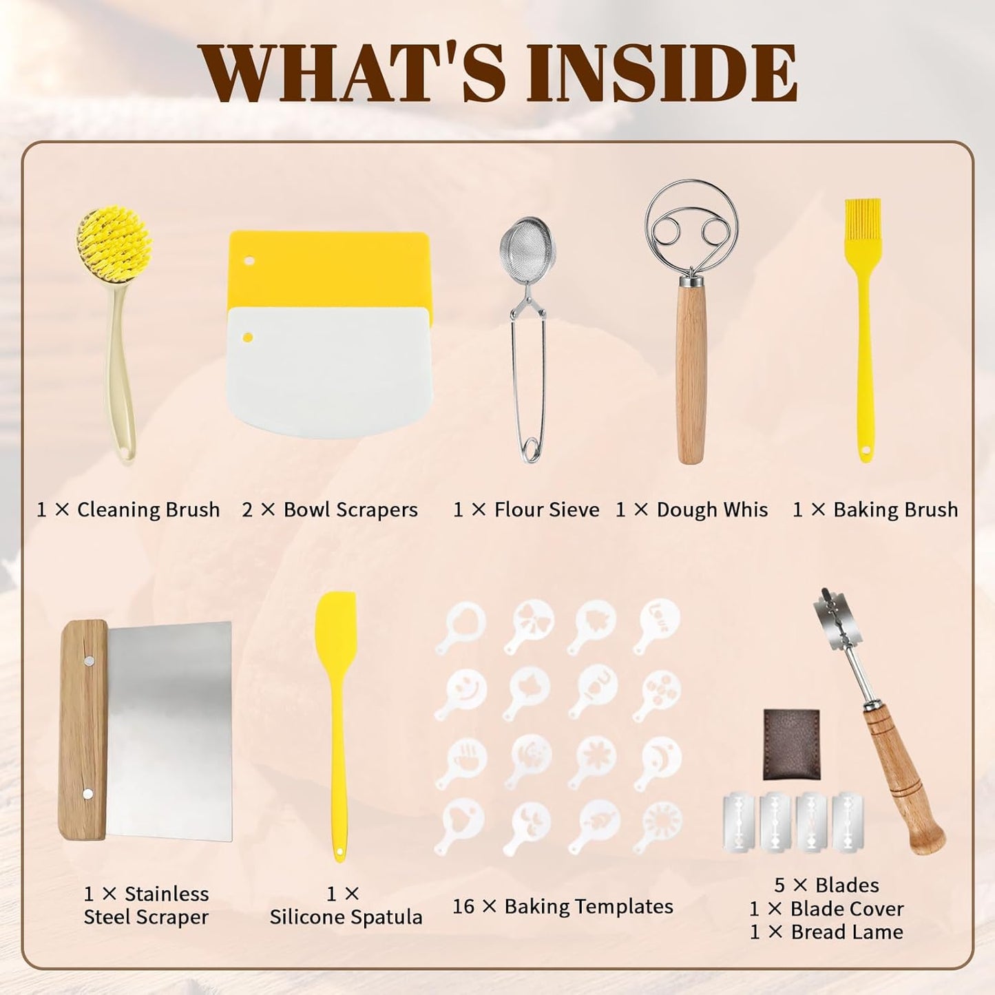 Sourdough Bread Baking Tool Set with Bread Lame & Blades Danish Dough Whisk Bowl Scraper Dough Scraper, Cleaning Brushand Silicone Brush Filter Tennis Ball,Spraying template, Sourdough Starter Kit