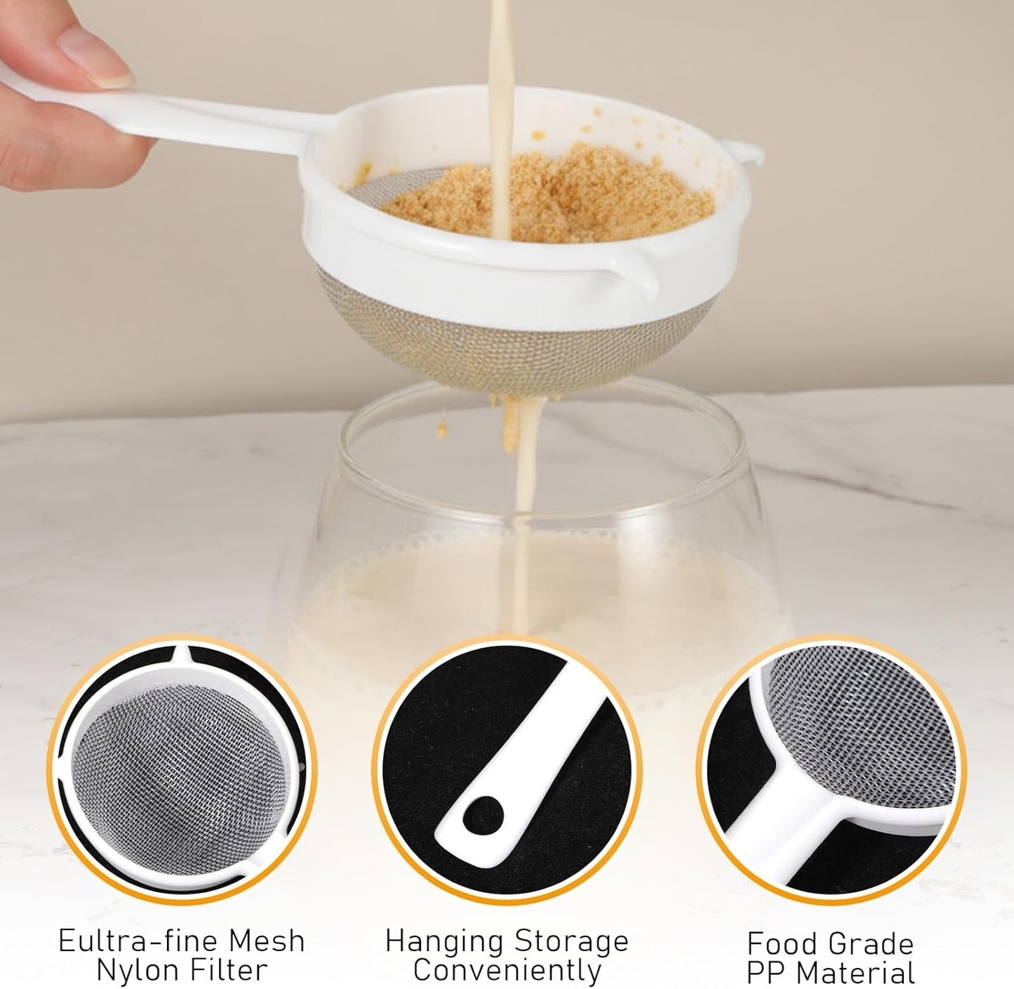 Andibro 3 Pcs Plastic Mesh Strainer Set, Fine Sieve with Handle for Kefir Tea Coffee Nut Milk Flour Sifter Dishwasher Safe