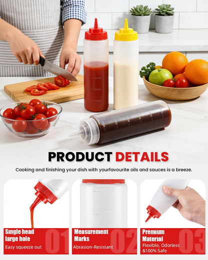 Multicolor Food-Grade Squeeze Bottles Set-Condiment Dispensers for Kitchen, BBQ, Sauces, Dressings, & Meal Prep (32oz)