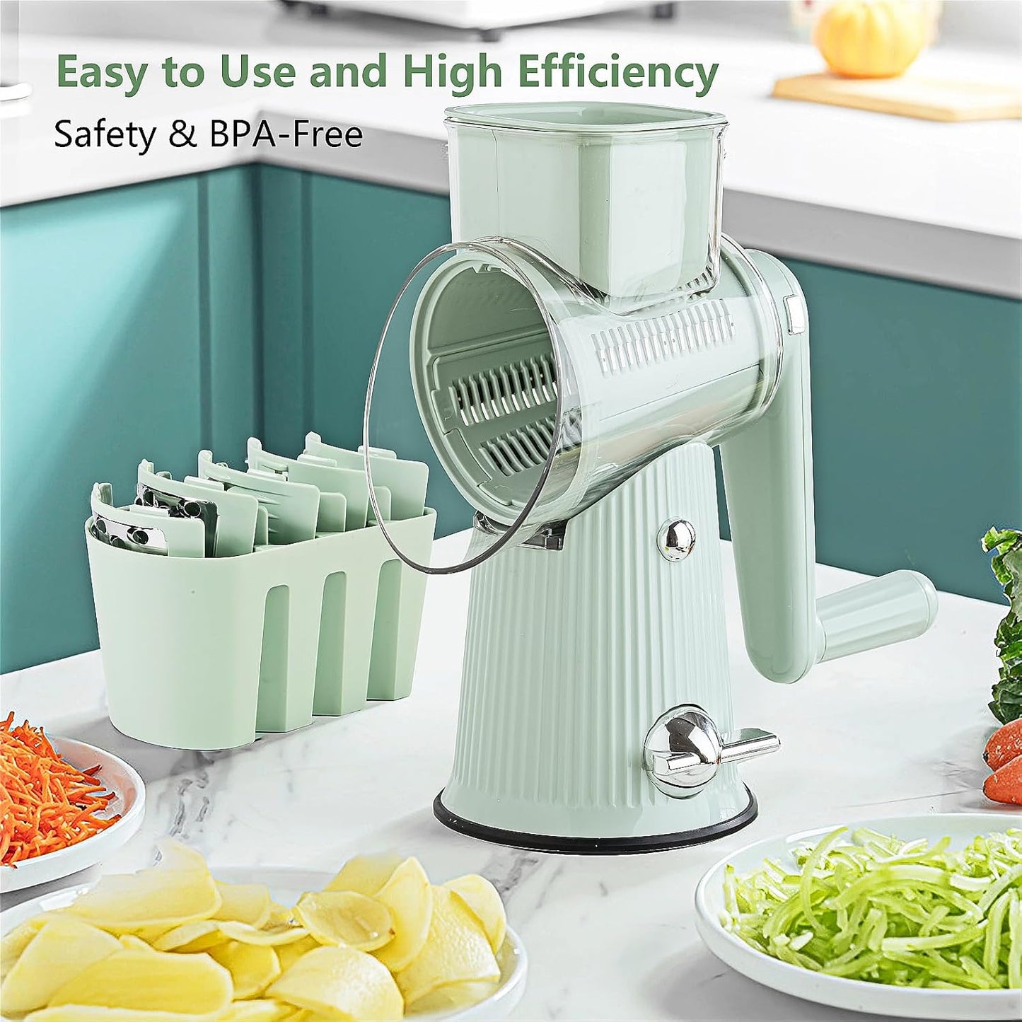 Rotary Cheese Grater with Handle: 5 in 1 Cheese Grater Hand Crank Cheese Shredder with Strong Suction Base Kitchen Vegetable Slicer with 5 Interchangeable Blades, Storage Box, White