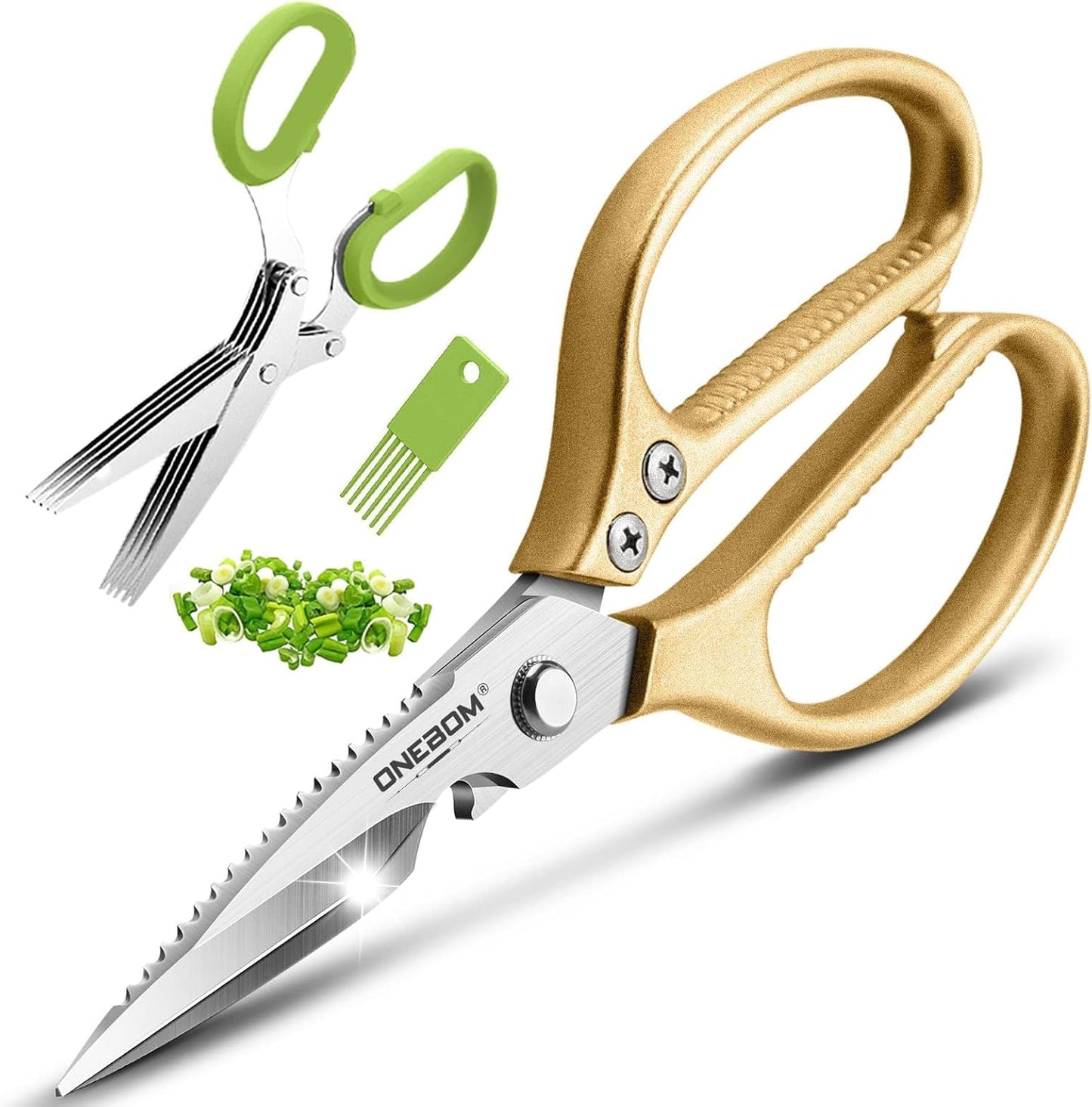 2 Pack ONEBOM Kitchen Shears,Kitchen Scissors Heavy Duty Serrated Blade for Cutting Meat, Food, Fish, Poultry Sharp Scissors, Apartment Kitchen Accessories,Gift Herb Scissor(Rose Glod)