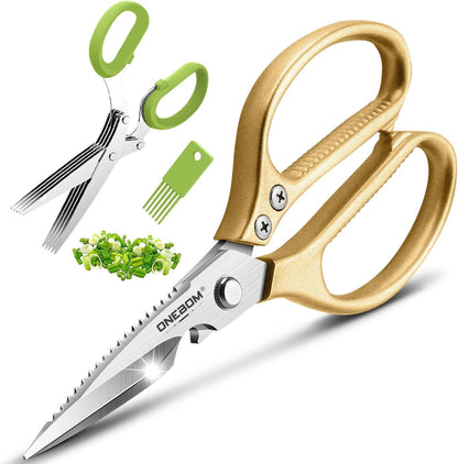 2 Pack ONEBOM Kitchen Shears,Kitchen Scissors Heavy Duty Serrated Blade for Cutting Meat, Food, Fish, Poultry Sharp Scissors, Apartment Kitchen Accessories,Gift Herb Scissor(Rose Glod)