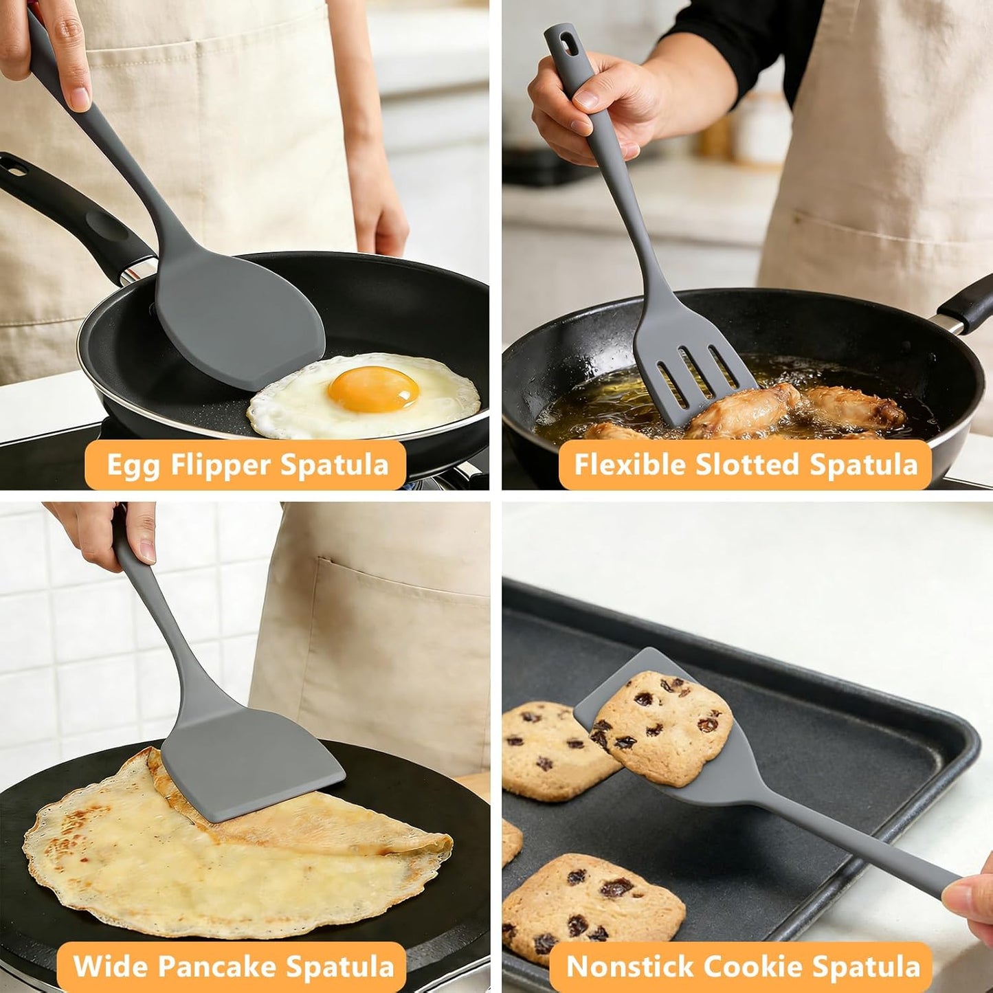 Silicone Spatula Turner Set, 600°F High Heat Resistant Spatulas for Cooking, BPA Free, Large Flexible Kitchen Utensils Flipping Eggs, Pancakes, Fish, Burgers, Dishwasher Safe (4 Pack, Black)