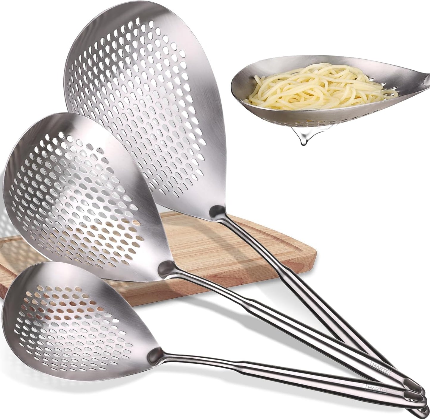 MARTE Skimmer Slotted Spoon Set of 4 - Kitchen Pasta Strainer Spoon - Spider Strainer Skimmer Ladle Spoon with Holder for Cooking and Frying Food, Spaghetti, Vegetable, Dumpling - 14.8In,16.5In,17In