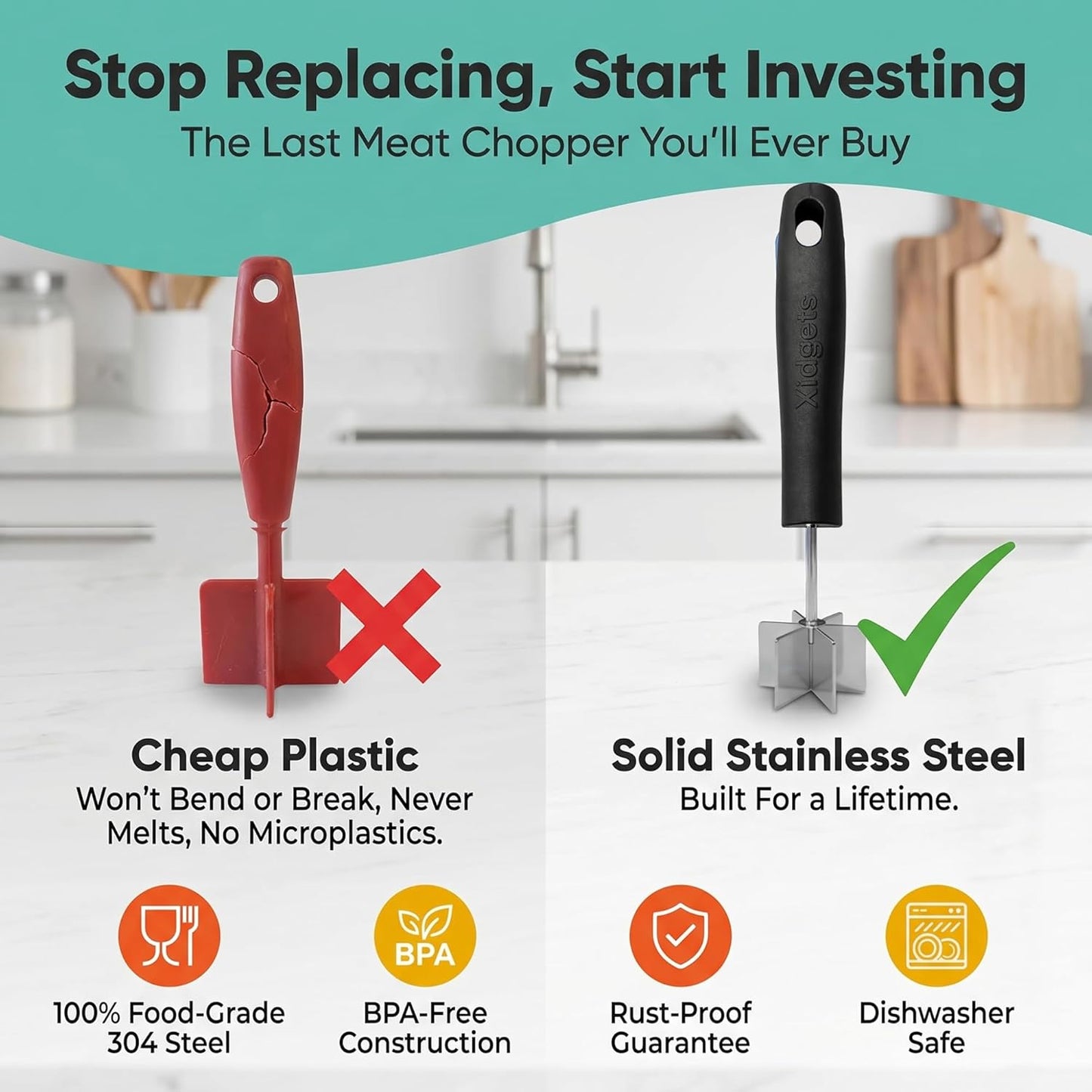 Stainless Steel Mini Meat Chopper & Masher | 6-Blade Ground Beef Chopper Tool | Small Hamburger Smasher | Compact Ergonomic Handle | Dishwasher Safe - 7" (Retro Orange Mini)