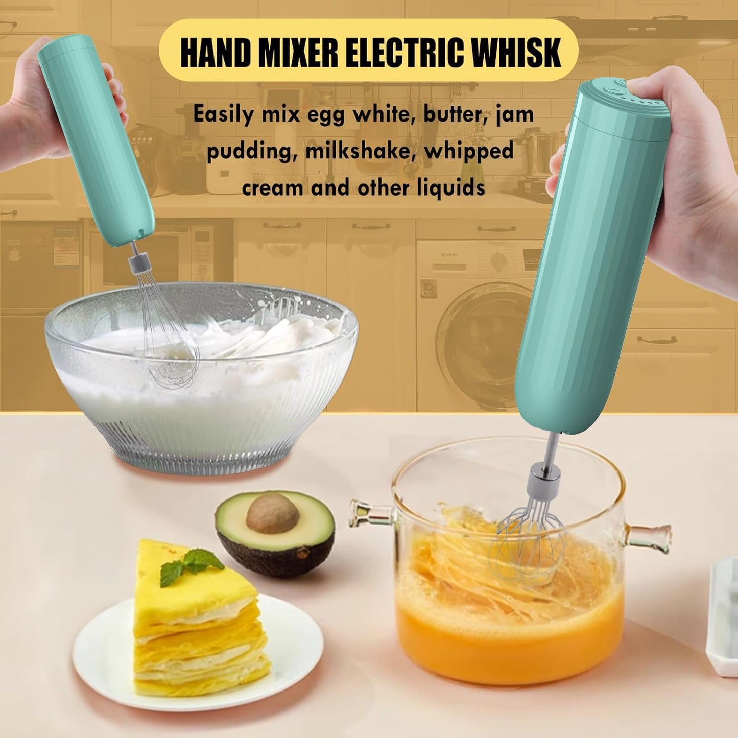 Cordless Hand Mixer MixgoII, Handheld Mixer Electric Whisk & Milk Frother, Hand Held Mini Mixers, Rechargeable Hand Mixer and Whisker, Food Processor for Cooking, Food Chopper, 4-Speed, 10Oz