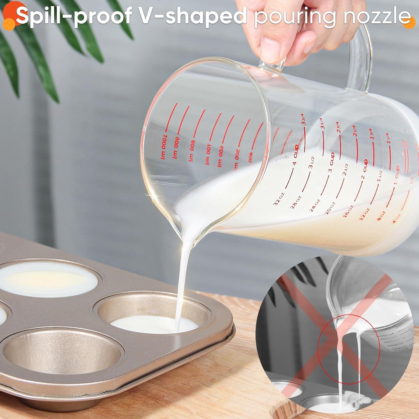 4 Cup Glass Measuring Cup with Handle, 77L High Borosilicate Glass Measuring Cup with V-Shaped and Three Scales (Cup, OZ, ML), Glass Liquid Beaker with Silicone Base, Double-Sided Measure Scales