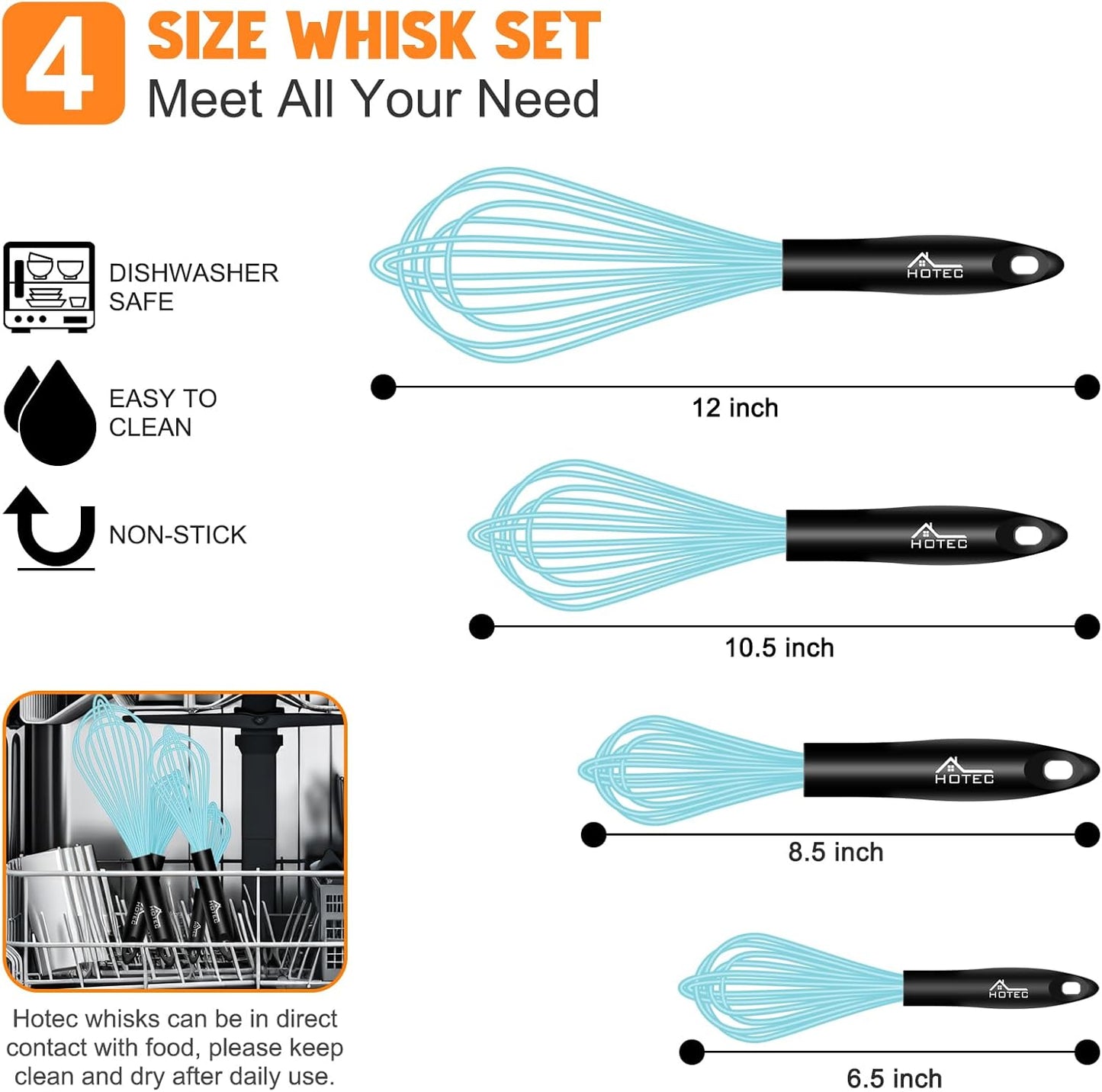 HOTEC 4 Pieces Silicone Whisks Set, Wire Balloon Whisks for cooking Egg Beater, Non-slip Handle Whisk for Non-stick Cookware Perfect for Cooking, Stirring, Beating and Blending (Multicolor)