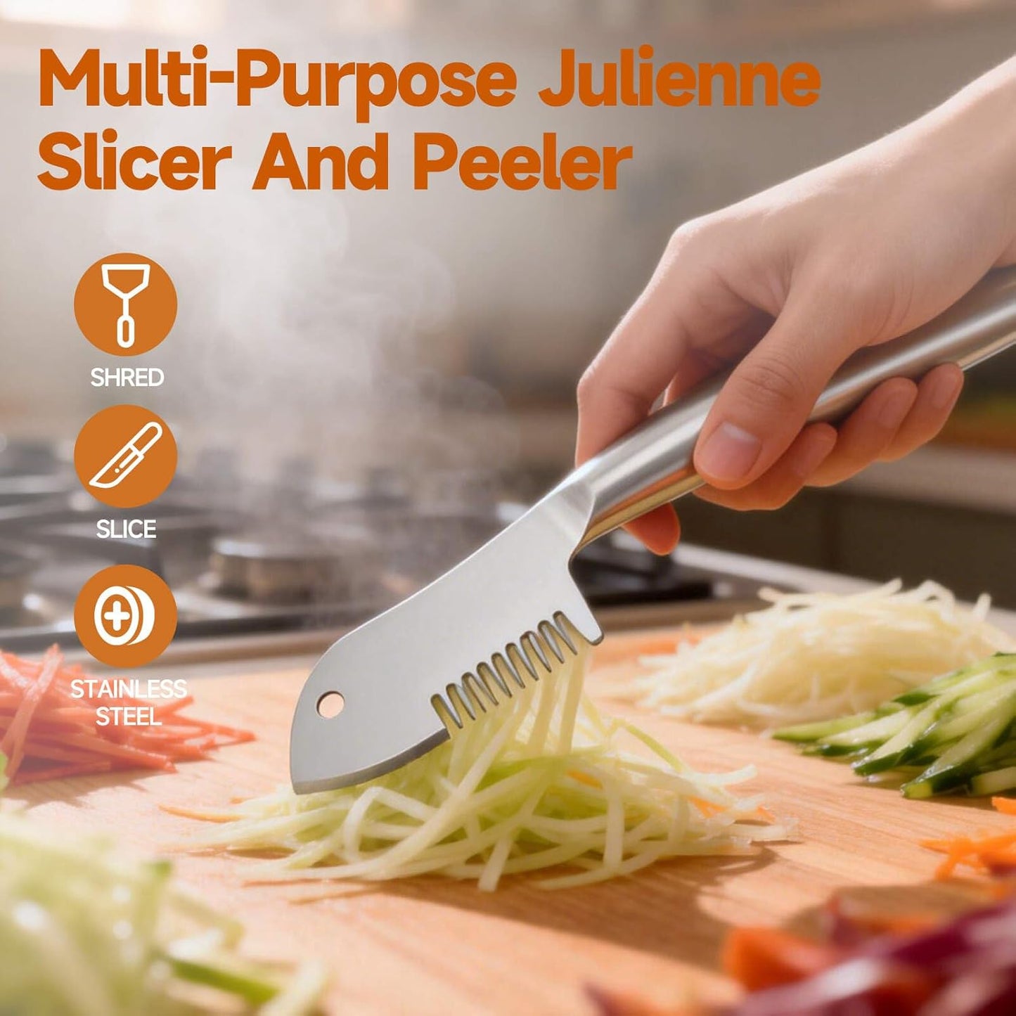 Stainless Steel Multi-purpose Julienne Peeler, Uniform Strips, Shreds & Peels, Effortless Potato Peeler Hand, Cabbage Shredder, Carrot Cutter & Cucumber Slicer, Vegetable peeler stainless steel