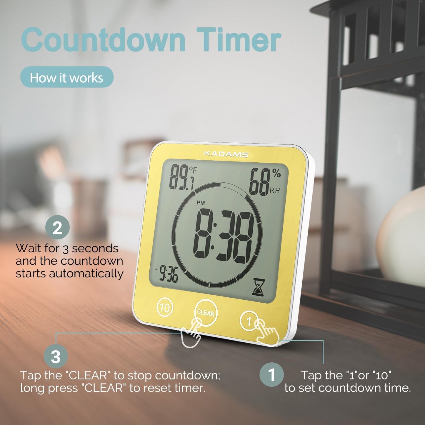 KADAMS Shower Clock Waterproof Bathroom Timer – Digital Wall Clock with Countdown, Magnetic Kitchen Clock with Temperature & Humidity, Suction Cup for Kids Shower Spa Cook Bath (Black)