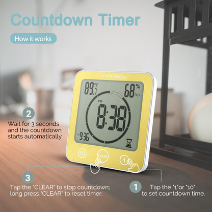 KADAMS Shower Clock Waterproof Bathroom Timer – Digital Wall Clock with Countdown, Magnetic Kitchen Clock with Temperature & Humidity, Suction Cup for Kids Shower Spa Cook Bath (Black)