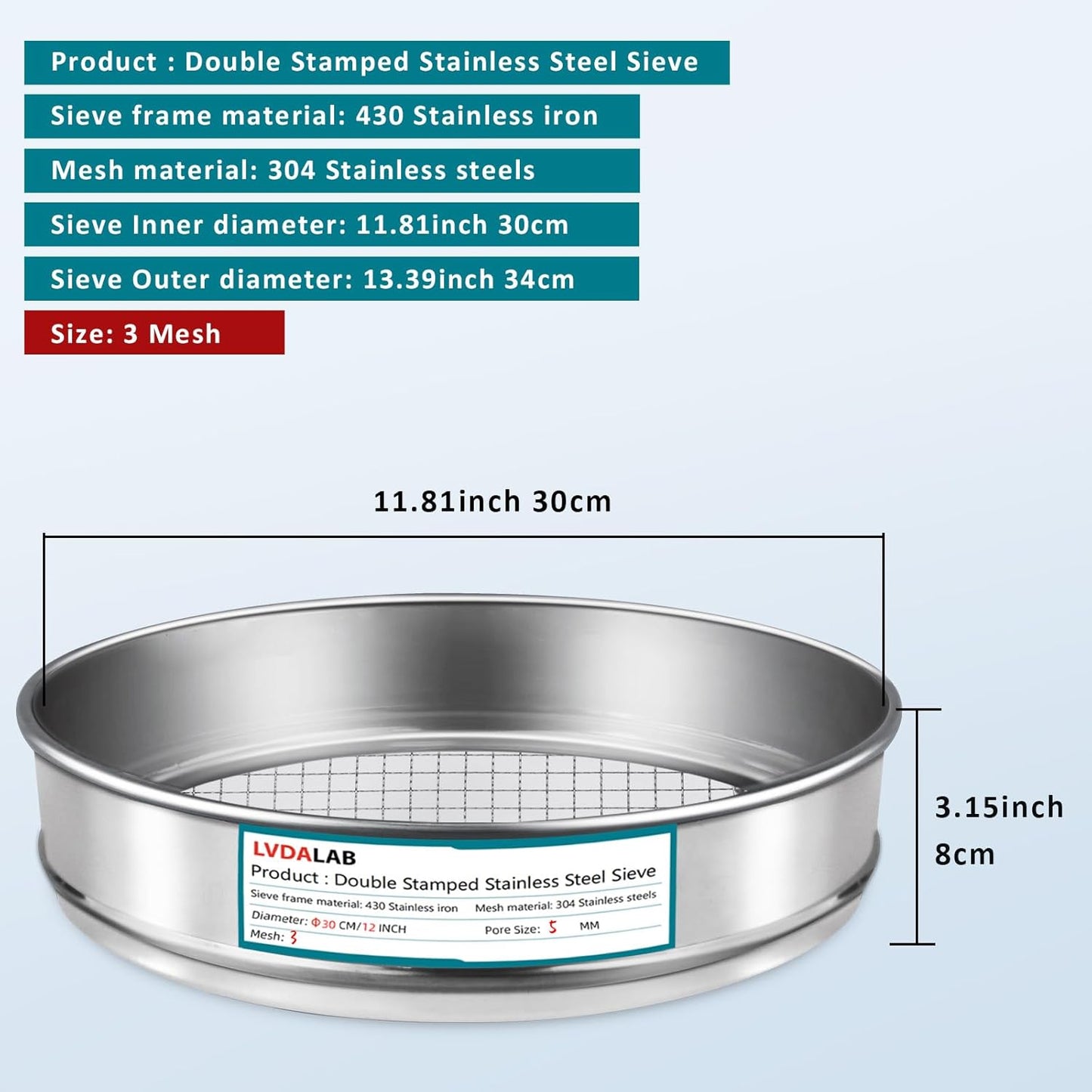 304 Stainless Steel Lab Sieve Screen Mesh, 6 Mesh(3.5mm) Aperture Test Sieve, 12Inch(30cm) Diameter Economy Standard Analysis Sample Test Sieves for Industrial Laboratory Homes - Colors A