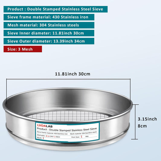 304 Stainless Steel Lab Sieve Screen Mesh, 6 Mesh(3.5mm) Aperture Test Sieve, 12Inch(30cm) Diameter Economy Standard Analysis Sample Test Sieves for Industrial Laboratory Homes - Colors A