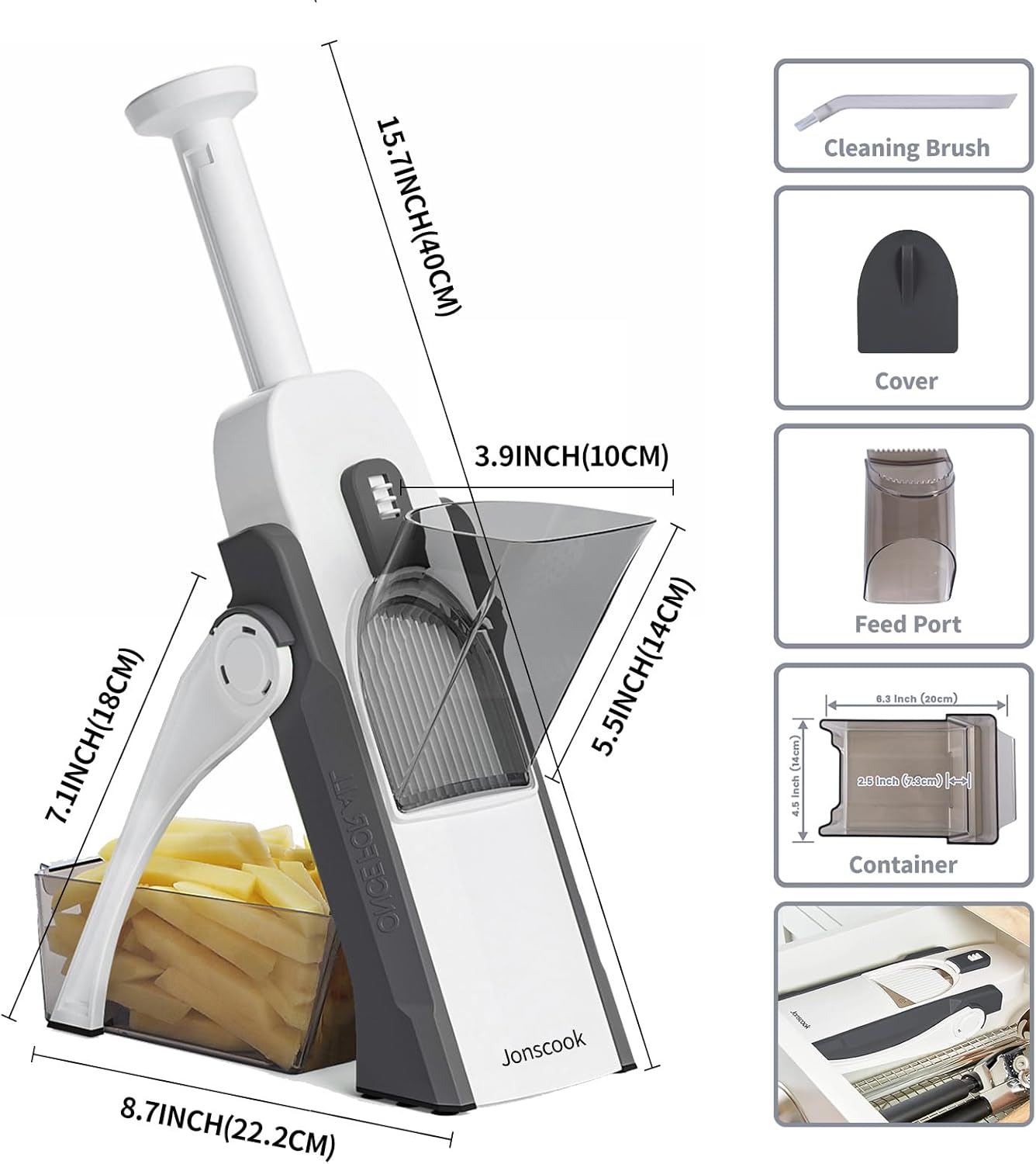 Safe Mandoline Slicer for Kitchen, Adjustable Thickness 0.1-8 mm, 5 in 1 Multi Vegetable Chopper, Potato Slicer, Food Chopper French Fry Cutte, Paring Knife/Cleaning Brush, Mandolin (BlackKnight)