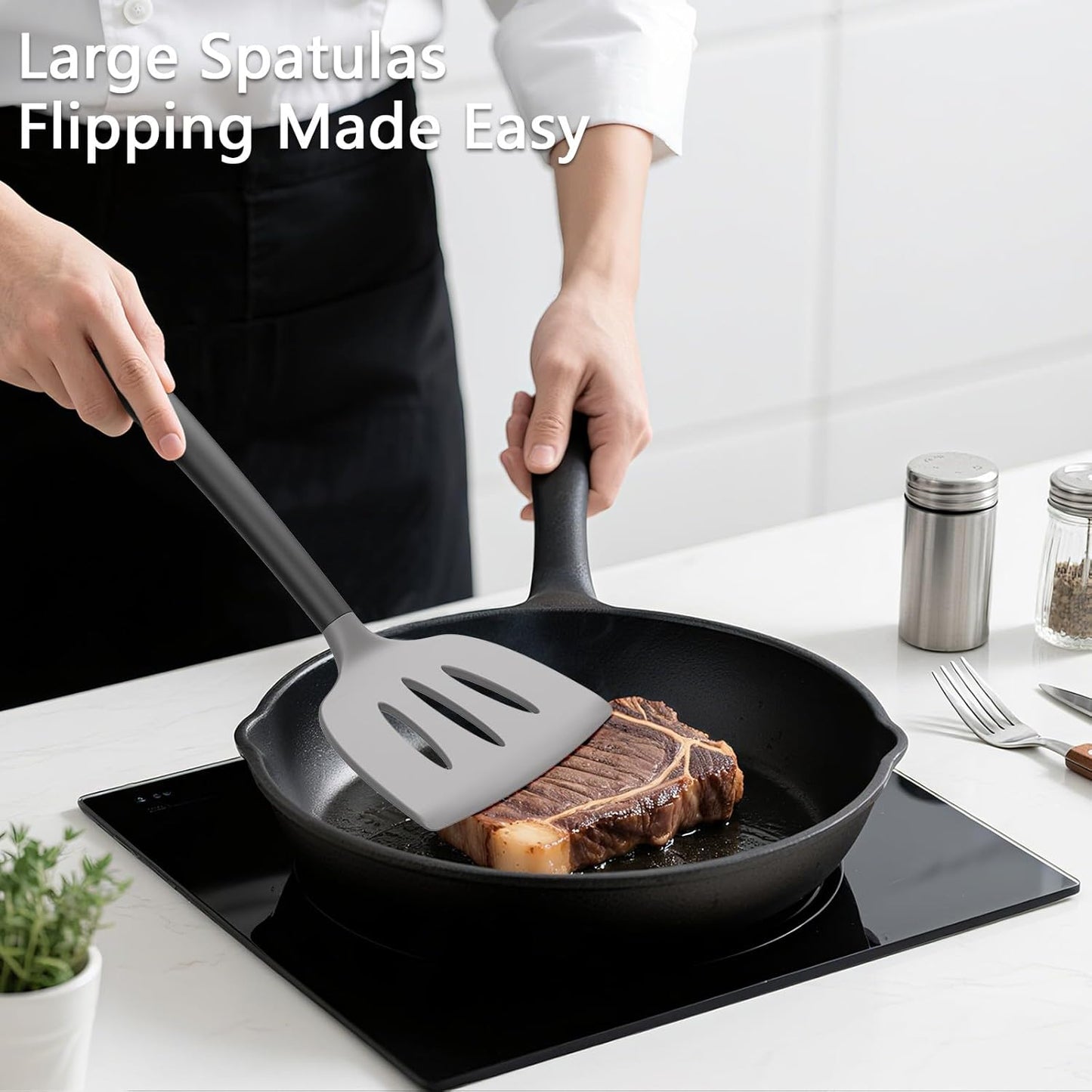 Coukre 3 Pack Silicone Spatula Set, High Heat Resistant, BPA-Free, Fish Spatula, Solid & Slotted Turner for Non-Stick Pans, Flipping Eggs, Pancakes, Fish, Burgers (3, PureBlack)