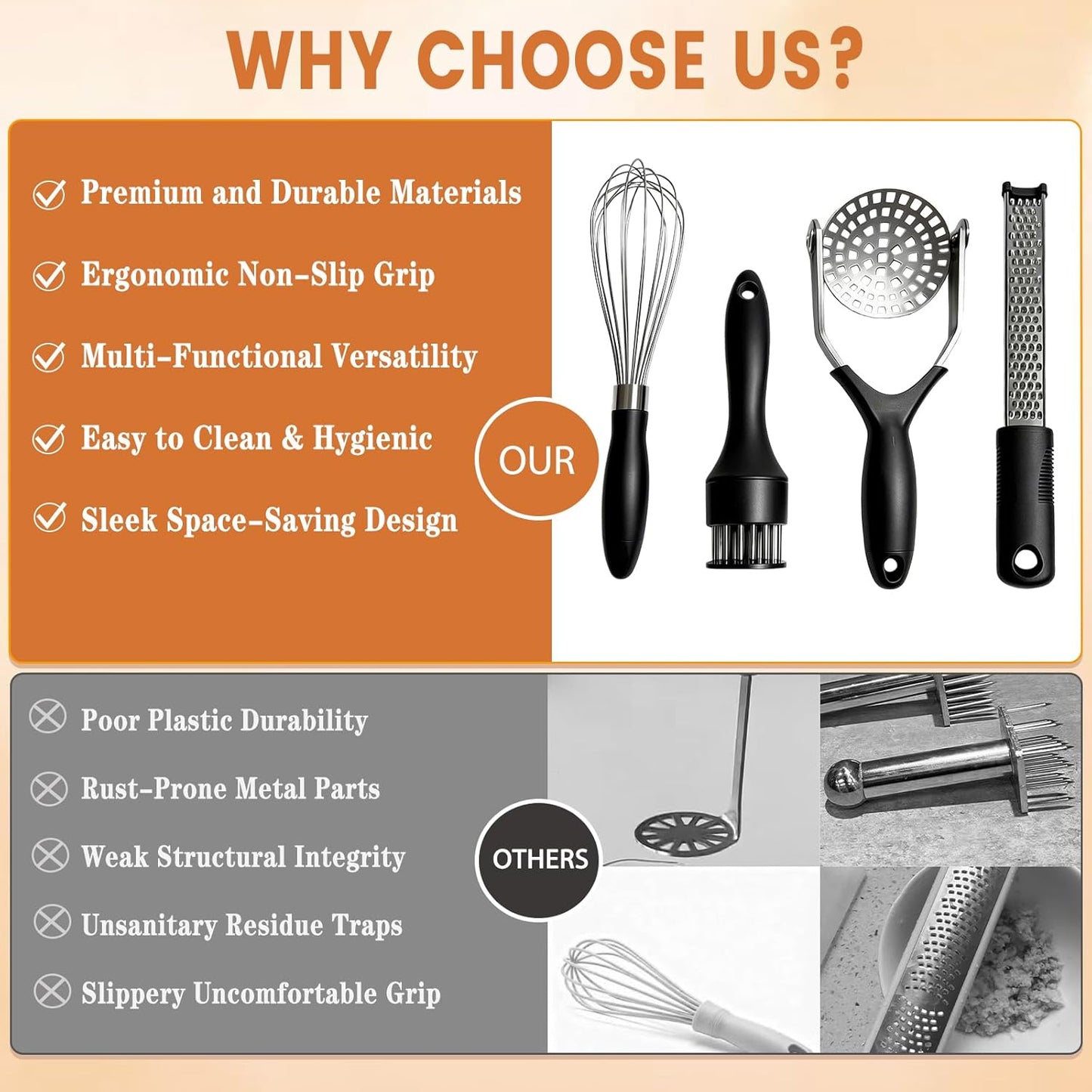 4-Piece Kitchen Gadget Set with Potato Masher, Balloon Whisk, Meat Tenderizer & Cheese Grater - Essential Prep Tools for Baking, Cooking & Meal Prep, Dishwasher Safe