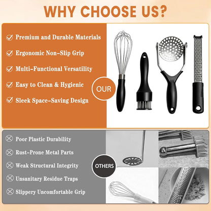 4-Piece Kitchen Gadget Set with Potato Masher, Balloon Whisk, Meat Tenderizer & Cheese Grater - Essential Prep Tools for Baking, Cooking & Meal Prep, Dishwasher Safe