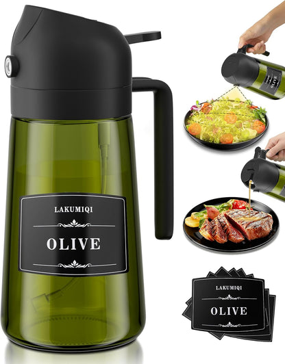 LAKUMIQI 2-in-1 Olive Oil Sprayer for Air Fryer – 16oz Glass Oil Dispenser & Cooking Oil Mister – Spray & Pour Bottle, Non-Aerosol, Leak-Resistant, for Salad, BBQ, Kitchen