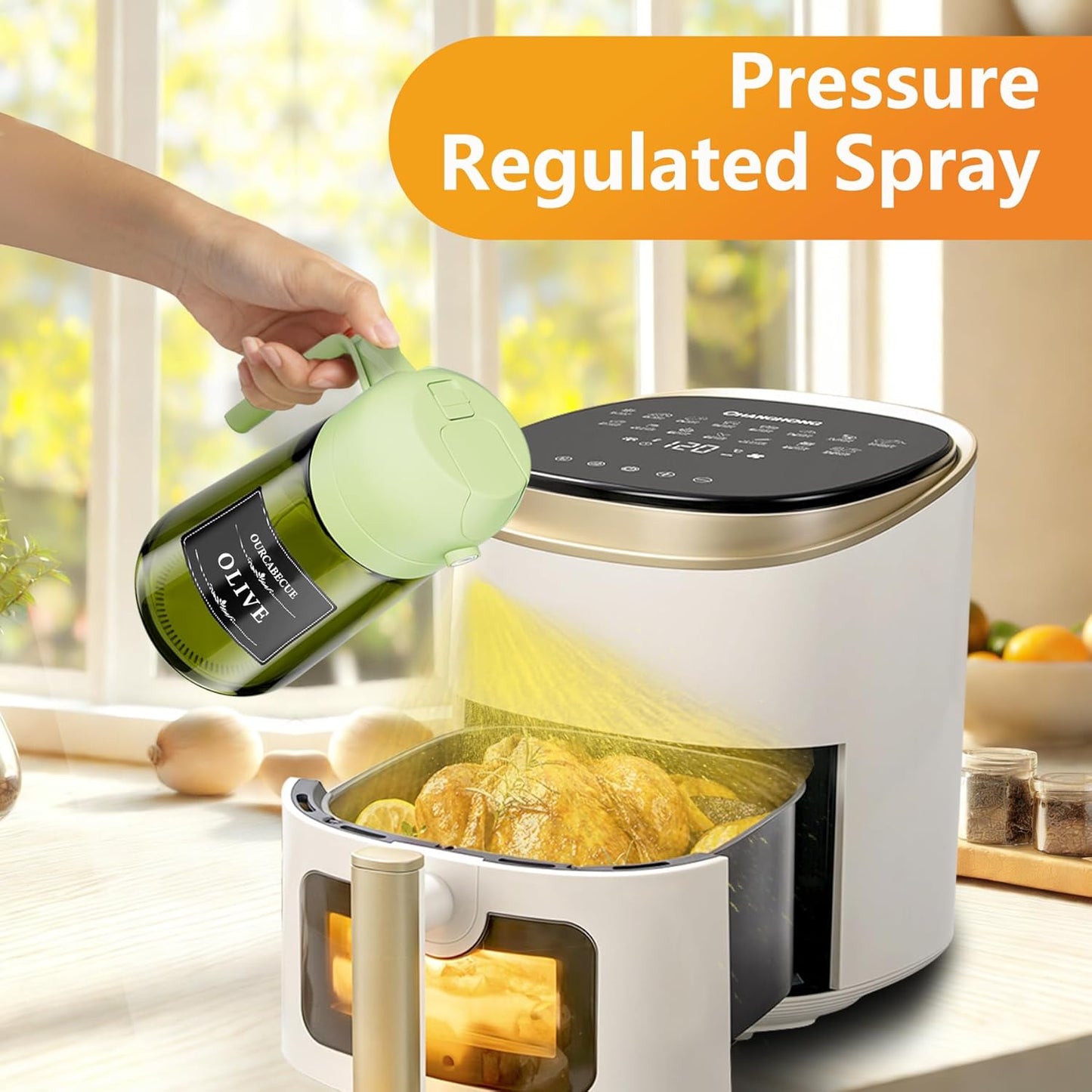 OURCABECUE 2 in 1 Olive Oil Sprayer for Cooking, 16oz/470ml Light-Blocking Dark Olive Oil Dispenser Bottle for Kitchen, Food-Grade Glass Oil Mister with 8 Oil Stickers