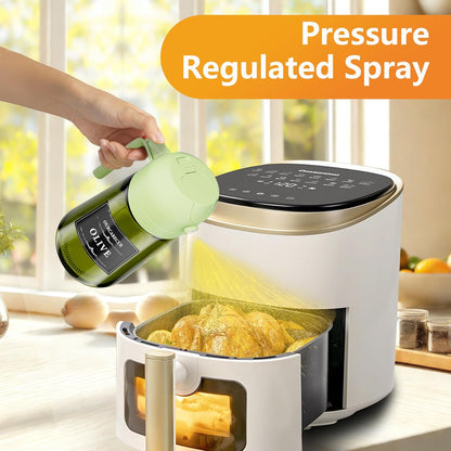 OURCABECUE 2 in 1 Olive Oil Sprayer for Cooking, 16oz/470ml Light-Blocking Dark Olive Oil Dispenser Bottle for Kitchen, Food-Grade Glass Oil Mister with 8 Oil Stickers
