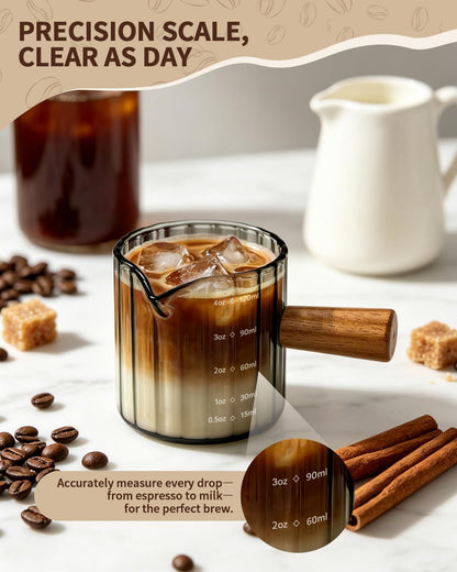 2 Pack Espresso Measuring Cups, 4oz Borosilicate Glass Espresso Shot Glasses with Wood Handle, V-Shaped Spout Ribbed Milk Frothing Cup, Measuring Cup for Coffee, Latte, Cappuccino, Tea, Syrup