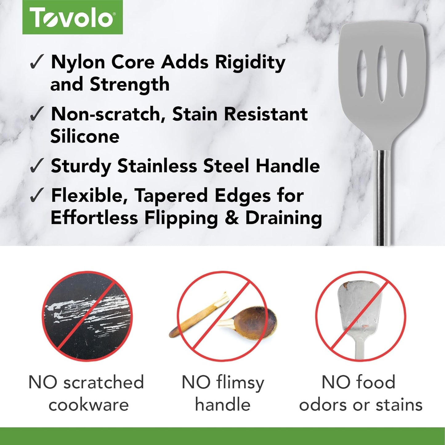 Tovolo Slotted Silicone Spatula Turner Slotted Stainless Steel Handle 10" Blue Slate Heat Resistant Non Toxic BPA Free Kitchen Utensil, Silicone Egg Pancake Flipper Metal Handle Turner for Cooking